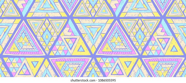 Indian geometric folklore ornament with  triangle. Tribal ethnic vector patchwork texture.  Scandinavian embroidery. Seamless striped  pattern in Aztec style. Gypsy, Mexican, folk pattern. 