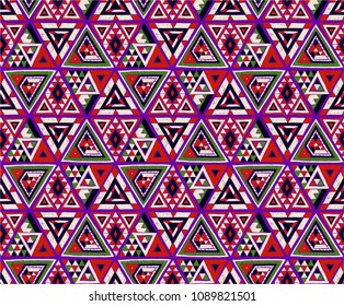 Indian geometric folklore ornament with  triangle. Tribal ethnic vector patchwork texture.  Scandinavian embroidery. Seamless striped  pattern in Aztec style. Gypsy, Mexican, folk pattern. 