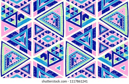 Indian geometric folklore ornament with  triangle. Tribal ethnic vector patchwork texture.  Scandinavian embroidery. Seamless striped  pattern in Aztec style. Gypsy, Mexican, folk pattern. 