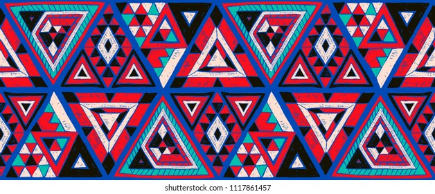 Indian geometric folklore ornament with  triangle. Tribal ethnic vector patchwork texture.  Scandinavian embroidery. Seamless striped  pattern in Aztec style. Gypsy, Mexican, folk pattern. 