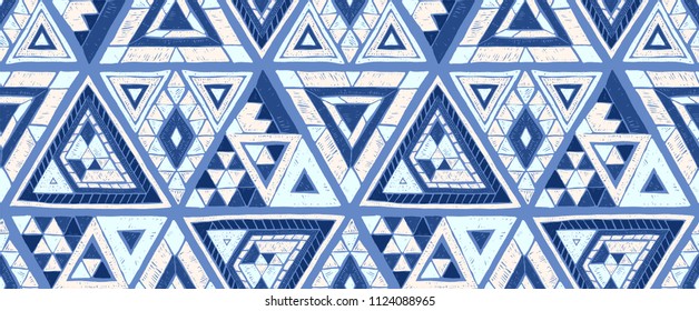 Indian geometric folklore ornament with  triangle. Tribal ethnic vector patchwork texture.  Scandinavian embroidery. Seamless striped  pattern in Aztec style. Gypsy, Mexican, folk pattern. 