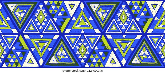 Indian geometric folklore ornament with  triangle. Tribal ethnic vector patchwork texture.  Scandinavian embroidery. Seamless striped  pattern in Aztec style. Gypsy, Mexican, folk pattern. 