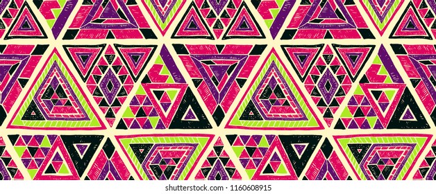 Indian geometric folklore ornament with  triangle. Tribal ethnic vector patchwork texture.  Scandinavian embroidery. Seamless striped  pattern in Aztec style. Gypsy, Mexican, folk pattern. 