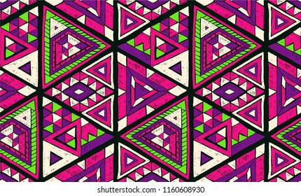 Indian geometric folklore ornament with  triangle. Tribal ethnic vector patchwork texture.  Scandinavian embroidery. Seamless striped  pattern in Aztec style. Gypsy, Mexican, folk pattern. 
