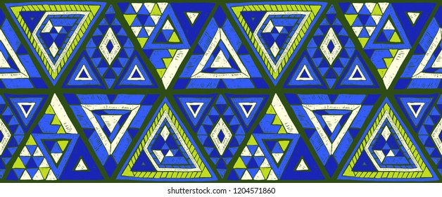 Indian geometric folklore ornament with  triangle. Tribal ethnic vector patchwork texture.  Scandinavian embroidery. Seamless striped  pattern in Aztec style. Gypsy, Mexican, folk pattern. 