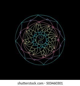 Indian geometric mandala, black background and colorful bright ethnic graphic element