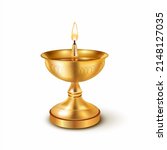 Indian gilded diya (oil lamp) isolated on white. Traditional element of ritual and religious ceremonies. Vector illustration.