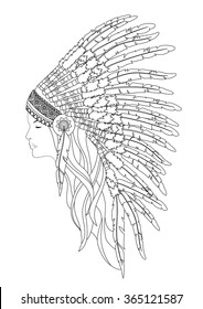 Indian girl. Adult anti stress coloring book page with doodle and zentangle elements.