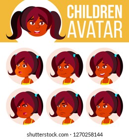 Indian Girl Avatar Set Kid Vector. Kindergarten. Hindu Face Emotions. Cartoon, Comic, Flat. Happiness Enjoyment, Small. Leaflet, Booklet. Cartoon Head Illustration
