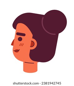 Indian girl with bun side view 2D vector avatar illustration. Top knot hair south asian woman cartoon character face. Topknot female portrait. Cheerful flat color user profile image isolated on white