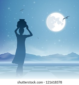 An Indian Girl Carrying Water Jug With Moon And Night Sky