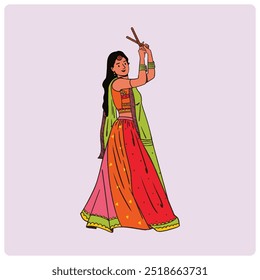 Indian girl celebrating Navratri festival, Young girl Dancing Garba dancing pose 