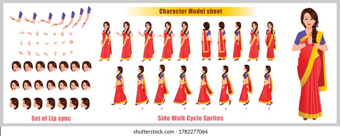 Indian Girl Character Design Model Sheet with walk cycle animation. Girl Character design. Front, side, back view and explainer animation poses. Character set with various views and lip sync