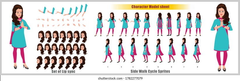 Indian Girl Character Design Model Sheet with walk cycle animation. Girl Character design. Front, side, back view and explainer animation poses. Character set with various views and lip sync