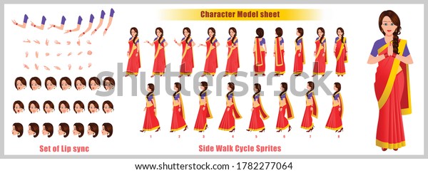 Indian Girl Character Design Model Sheet with walk\
cycle animation. Girl Character design. Front, side, back view and\
explainer animation poses. Character set with various views and lip\
sync