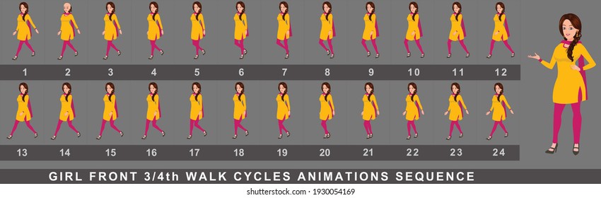 
Indian Girl Character Front Walk Cycle Animation Sequence.  Frame by frame animation sprite sheet of woman walk cycle.
