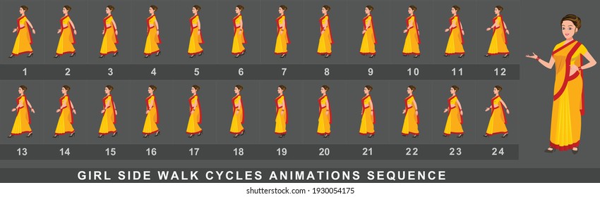 
Indian Girl Character Front Walk Cycle Animation Sequence.  Frame by frame animation sprite sheet of woman walk cycle.
