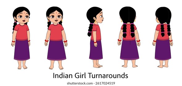 Indian Girl Character Turnarounds Vector, Cartoon Indian Girl Illustration, Cute, Character Design, Vector Art