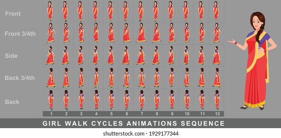 Indian girl Character Walk Cycle Animation Sequence. Frame by frame animation sprite sheet of  woman walk cycle. Girl walking sequences of Front, side, back, front three fourth and back three fourth.