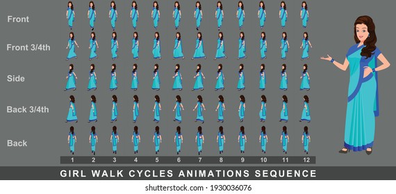 Indian Girl Character Walk Cycle Animation Sequence.  Frame By Frame Animation Sprite Sheet Of  Woman Walk Cycle. Girl Walking Sequences Of Front, Side, Back And Front.