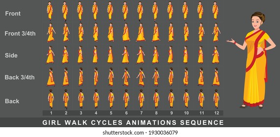 Indian Girl Character Walk Cycle Animation Sequence.  Frame by frame animation sprite sheet of  woman walk cycle. Girl walking sequences of Front, side, back and front.