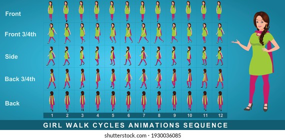 Indian Girl Character Walk Cycle Animation Sequence.  Frame By Frame Animation Sprite Sheet Of  Woman Walk Cycle. Girl Walking Sequences Of Front, Side, Back And Front.