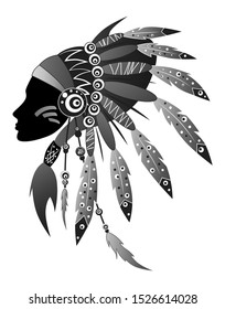 Indian girl with chief headdress isolated icon. Vector artistic illustration.