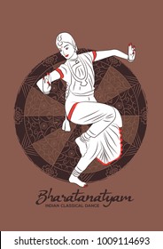 Indian Girl Dancer Of Indian Classical Dance Bharatanatyam. Vector Illustration Of Indian Dancer.