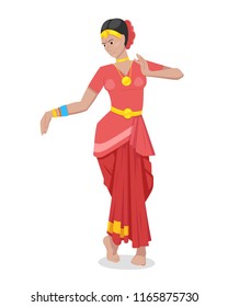 Indian girl dancer, in colorful red traditional attire and decorations, performs dances of the Indian state, under traditional music, with body movements, women of indians. Vector illustration.