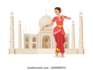 La bailarina india, con coloridos trajes y decoraciones tradicionales rojos, baila. Mujer bailando al estilo tradicional indio sobre el fondo del antiguo edificio del vector de dibujos del Taj Mahal Vector de stock