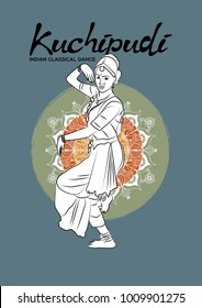 Indian girl dancer in the posture of Indian dance. Vector illustration of Indian classical dance kuchipudi.