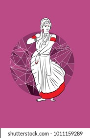 Indian girl dancer in traditional costume. Kuchipudi dancer on a geometrical background.