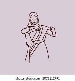 Indian girl dancing in a indo dress. Traditional sari dress. Beauty minimalist, vector illustration. Line art.