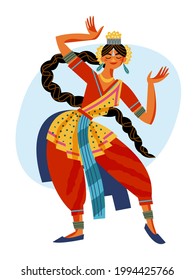 Indian girl dancing. Young beautiful woman in festive traditional costume standing and posing vector illustration. Tourism in India, female in motion isolated on white background.