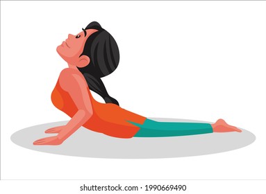 Indian girl is doing cobra bhujangasana yoga pose.  Vector graphic illustration. Individually on a white background.