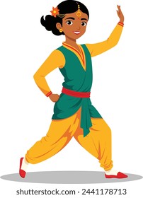 Indian girl doing dance moves, wearing yellow and green dress