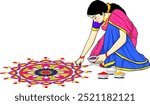 Indian Girl Draw Rangoli Illustration, Indian tradition girl, festival rangoli, girl with rangoli vector