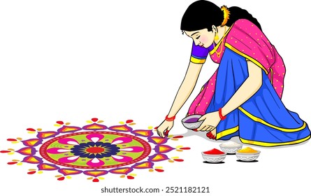 Indian Girl Draw Rangoli Illustration, Indian tradition girl, festival rangoli, girl with rangoli vector