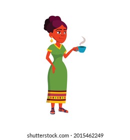 indian girl drinking tea on backyard cartoon vector. indian girl drinking tea on backyard character. isolated flat cartoon illustration