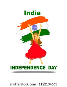 indian girl enjoys freedom in jumping against the background of the flag of India