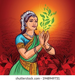 An Indian girl in an ethnic costume, sari, and jewelry holds a swirl of tea bush leaves in her hands. In the background is a pattern of tea leaves.