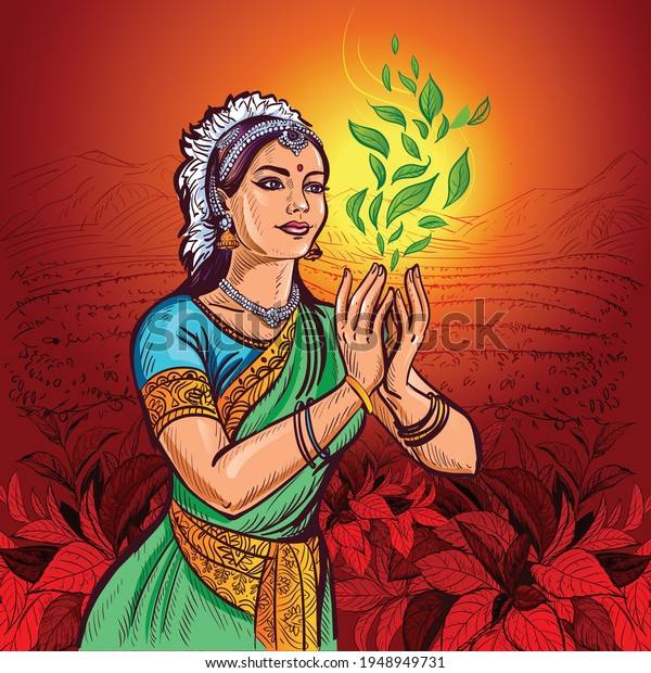 An Indian girl in an ethnic costume, sari,\
and jewelry holds a swirl of tea bush leaves in her hands. In the\
background is a pattern of tea\
leaves.