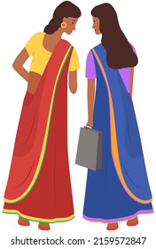 Indian girl in an ethnic traditional costume, sari holds paper bag in her hands, stands and reads document on wall. Asian pretty woman reading announcement back view in full growth isolated on white.