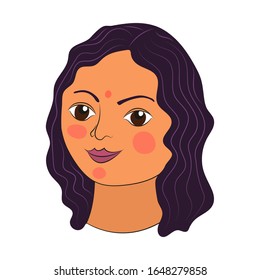 Indian girl face. Happy Women's Day on March 8th. Ethnic portrait. Stock vector illustration. Isolated object on a white background.