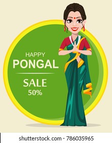 Indian girl. Happy Pongal greeting card. Makar sankranti. Vector illustration