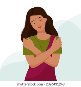 Indian girl hugs herself by the shoulders. A woman loves her body and takes care of herself. Love yourself concept. Self care. Vector flat illustration.