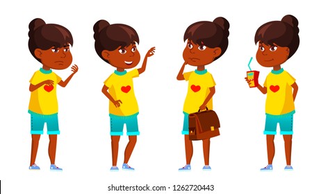 Indian Girl Kid Poses Set Vector. Primary School Child. Hindu. Asian. Knowledge, Learn, Lesson. For Advertising, Placard, Print Design Isolated Illustration