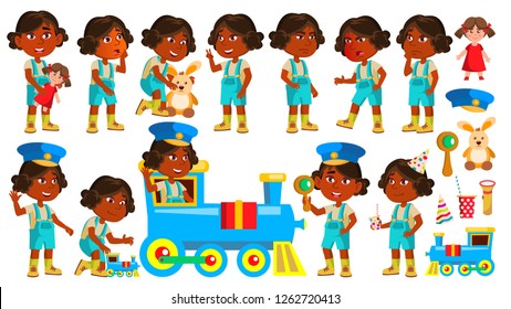 Indian Girl Kindergarten Kid Poses Set Vector. Hindu. Playing With Railway Train. Child Expression. Activity. For Banner, Flyer, Web Design. Isolated Illustration