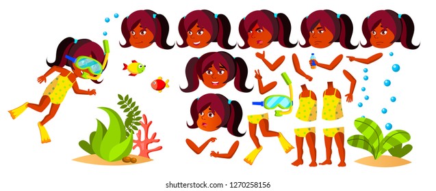 Indian Girl Kindergarten Kid Vector. Hindu. Animation Set. Face Emotions, Gestures. Swimmer, Diver. Ocean Depth, Under Water. For Advertisement, Announcement Design. Animated. Illustration