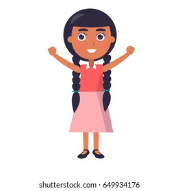 Indian girl with long black hair wishes happy childrens day. Poster dedicated to international holiday for kids all over the world